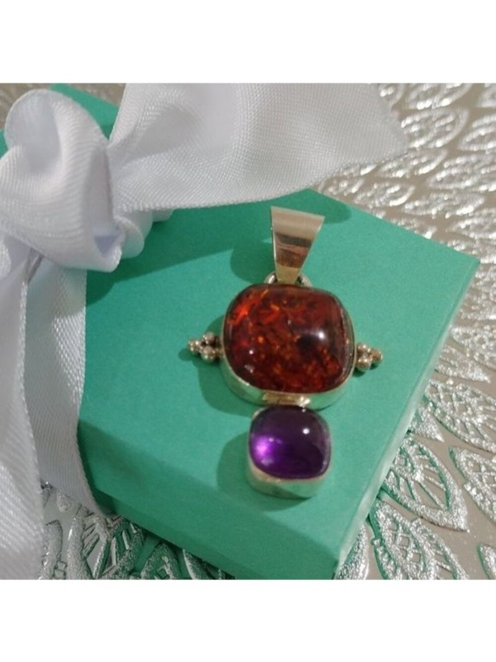 Signed Lori Bonn Sterling Silver, Amber + Amethyst Cushion Pendant